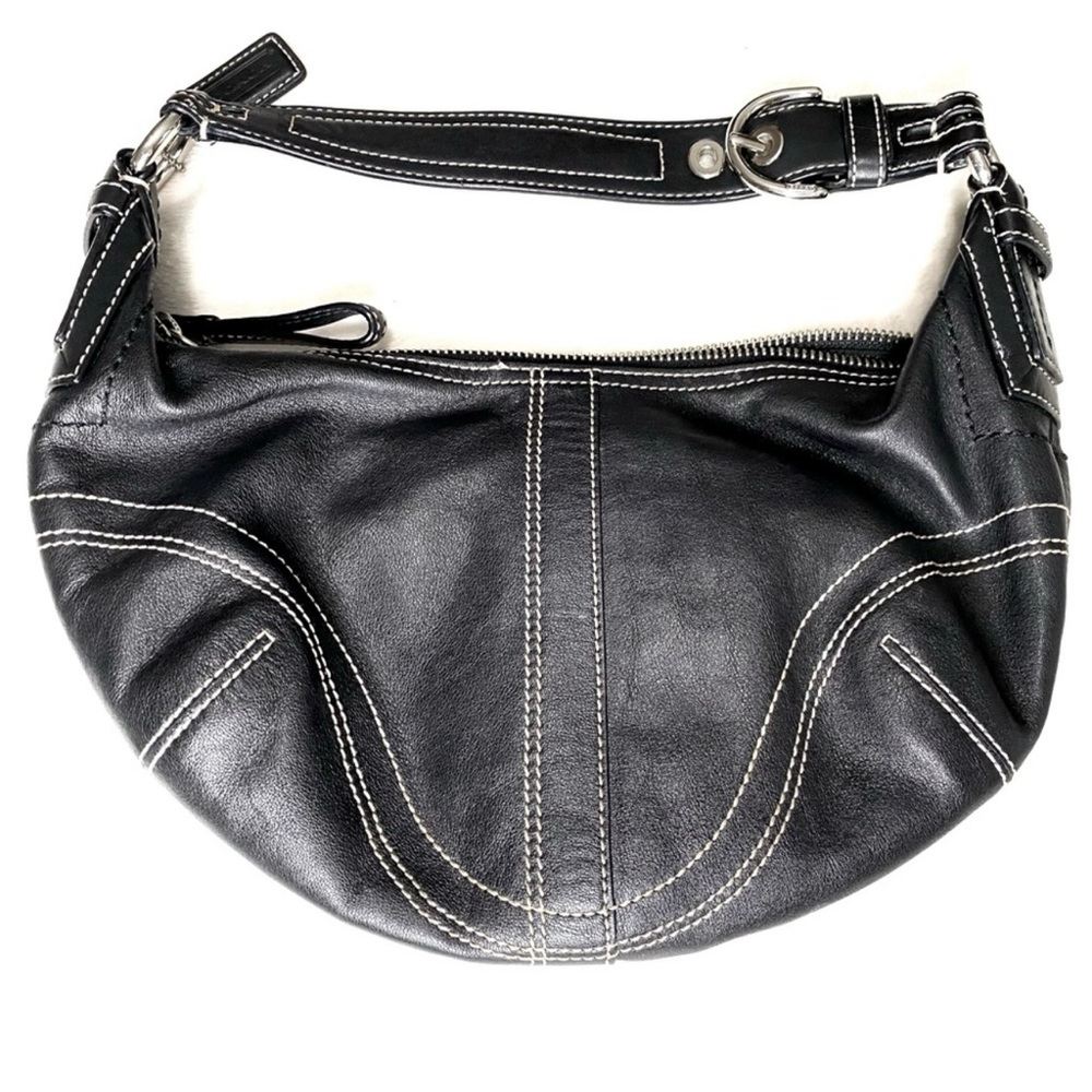 COACH CRESCENT MOON HOBO BLACK LEATHER WHITE STITCHING BAG C063-10032